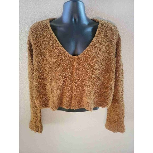 Free People Women's Rust Orange V Neck Popcorn Cropped Sweater Size Medium - Picture 1 of 3